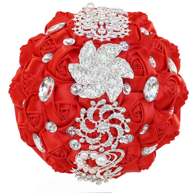 Flonding Wedding Bouquets Crystal Satin Rose Bride Bridal Bouquet Romantic Bridesmaid Holding Flower for Valentine's Day Confession Party Church Decor (Red) - Image 1